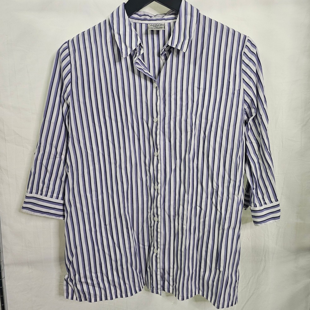 Allison Daley Womens 18 Button Down‎ Shirt Purple Blue Striped 3/4 Sleeve Blouse